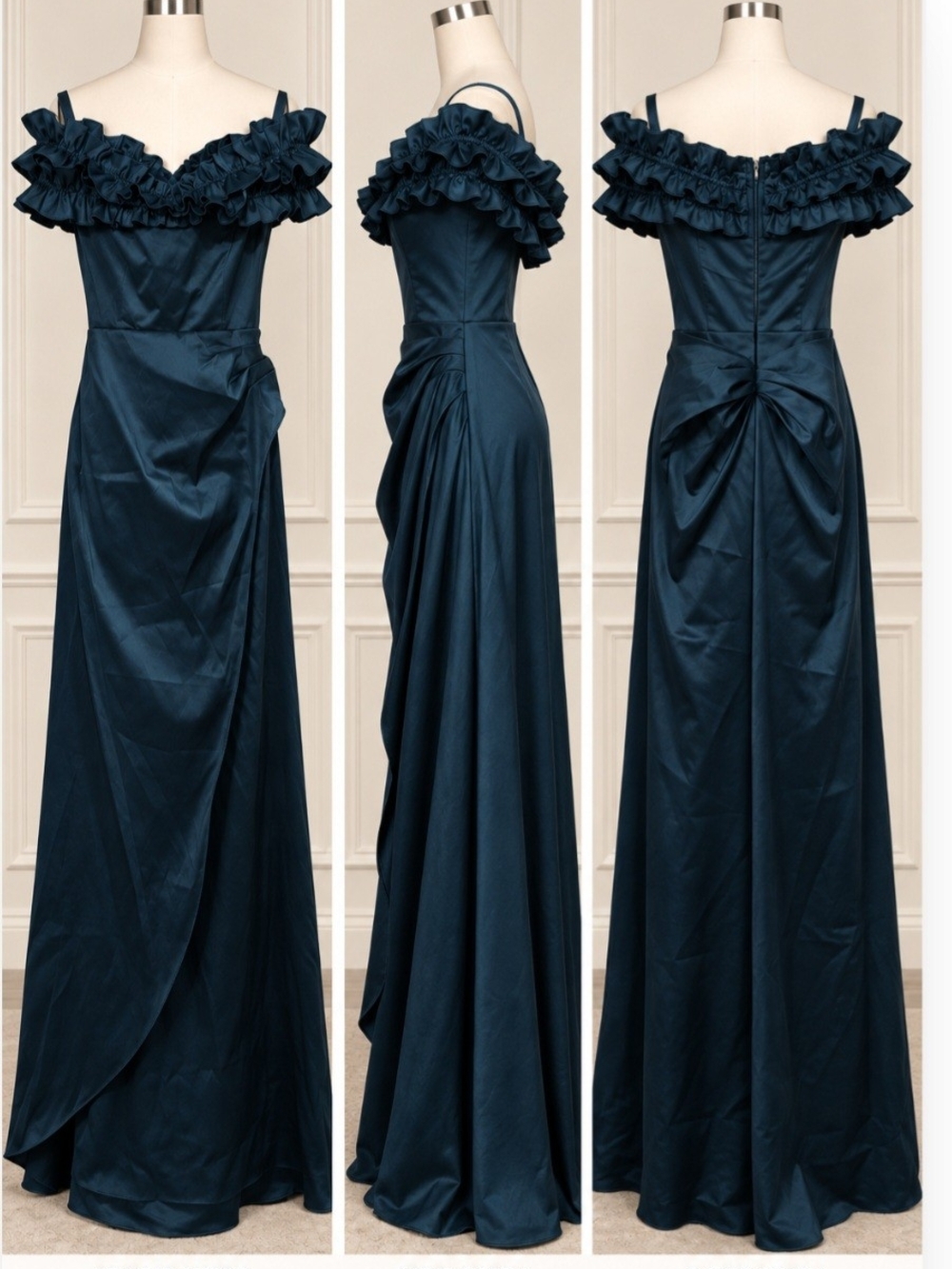 Xscape Teal Ruffled Off-Shoulder Satin Maxi Gown